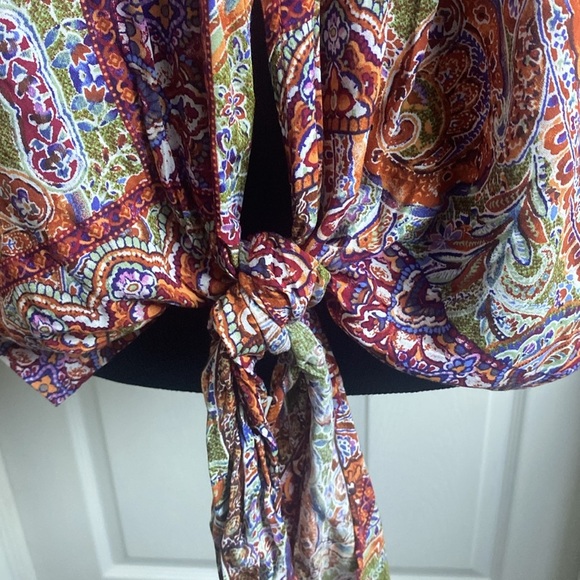 Just Polly New York V-Neck Top Tie Waist Wide Sleeve Multi Color sz XL NWT - Picture 4 of 7